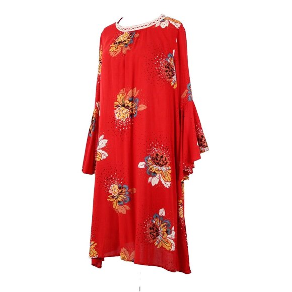 Stevie Hender Sz 8 Red Cream Multi Floral Bell Sleeve A Line 100% Rayon Dress - Picture 1 of 9